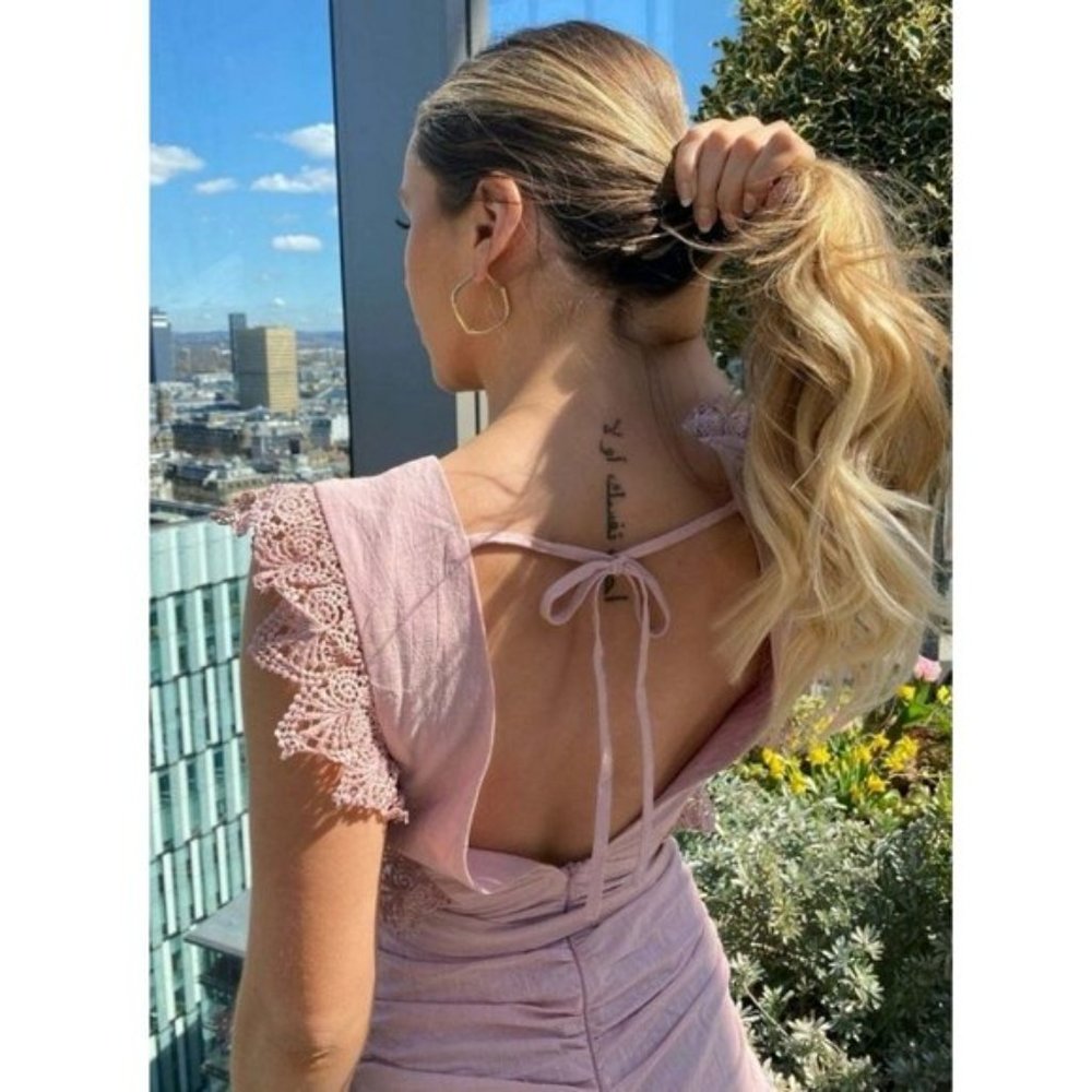 Pink Lace Trim Sleeveless V-Neck Open Back Backless Frill Hem Mini Dress - Picture 4 of 16
